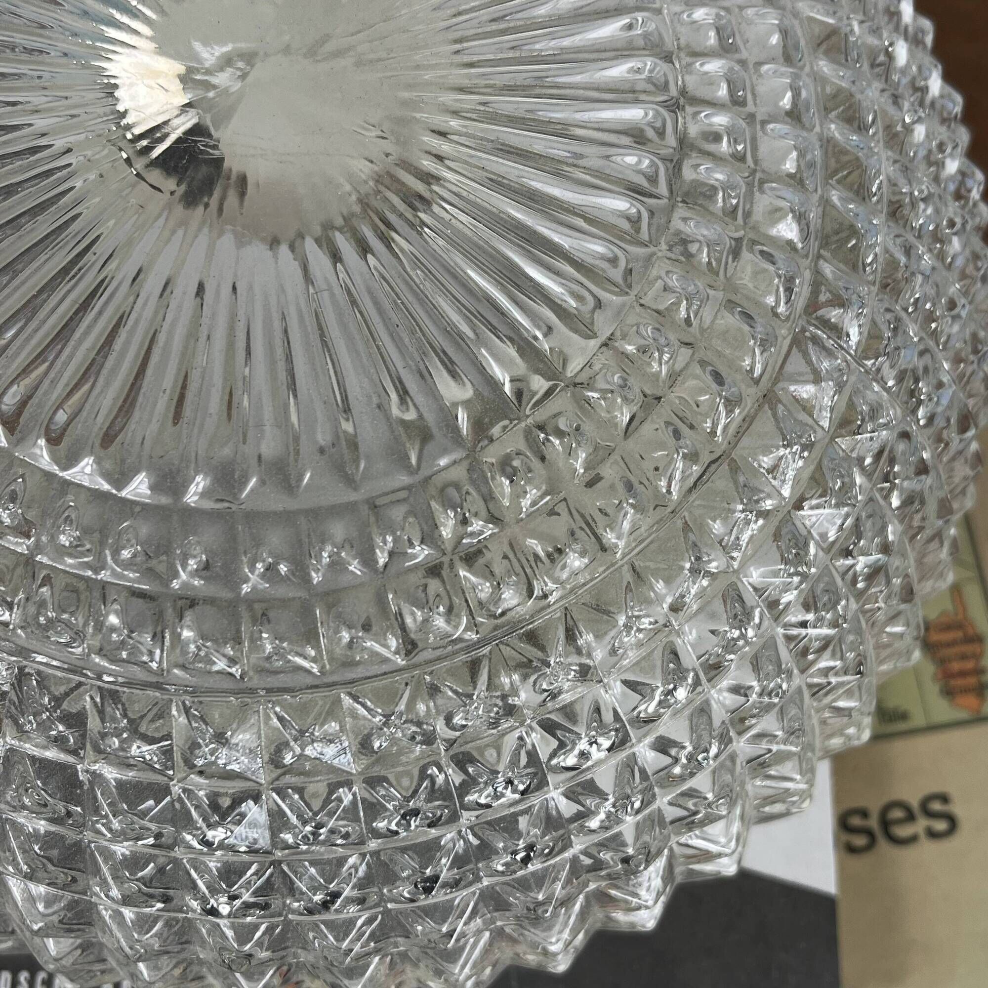 Large round wall lamp ceiling light in transparent vintage glass from the 1970s.