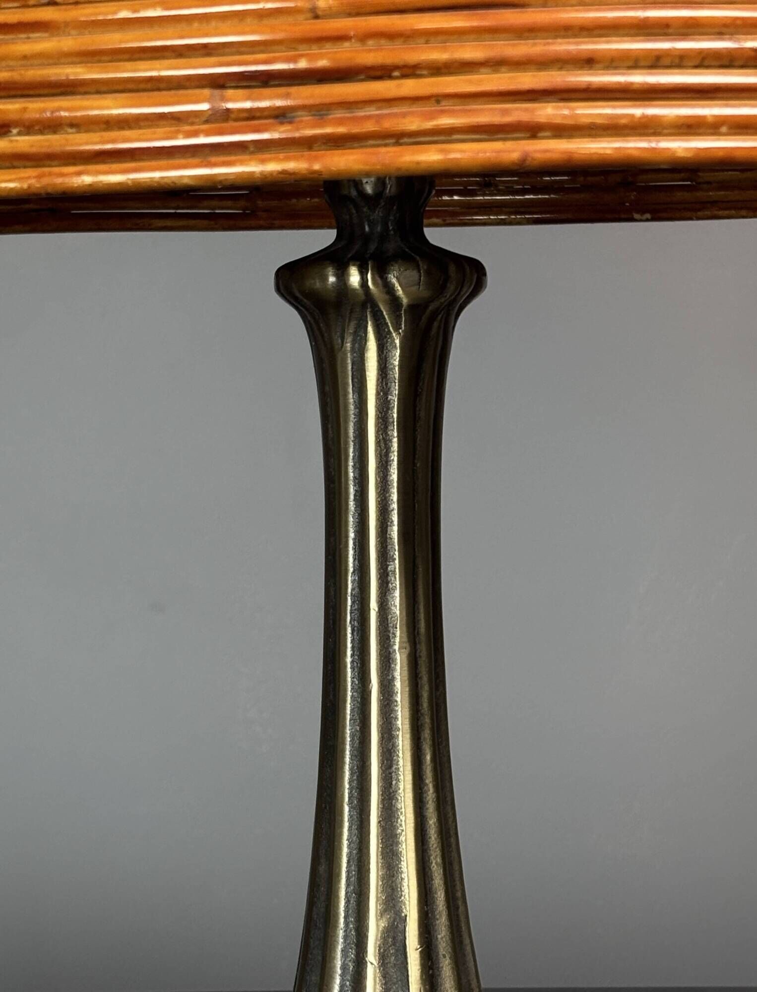 Midcentury mushroom pencil reed rattan bamboo and brass table lamp, 1970s