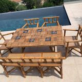 Complete Rattan and Ceramic Dining Room Set Attributed to Audoux Minnet, 1960s