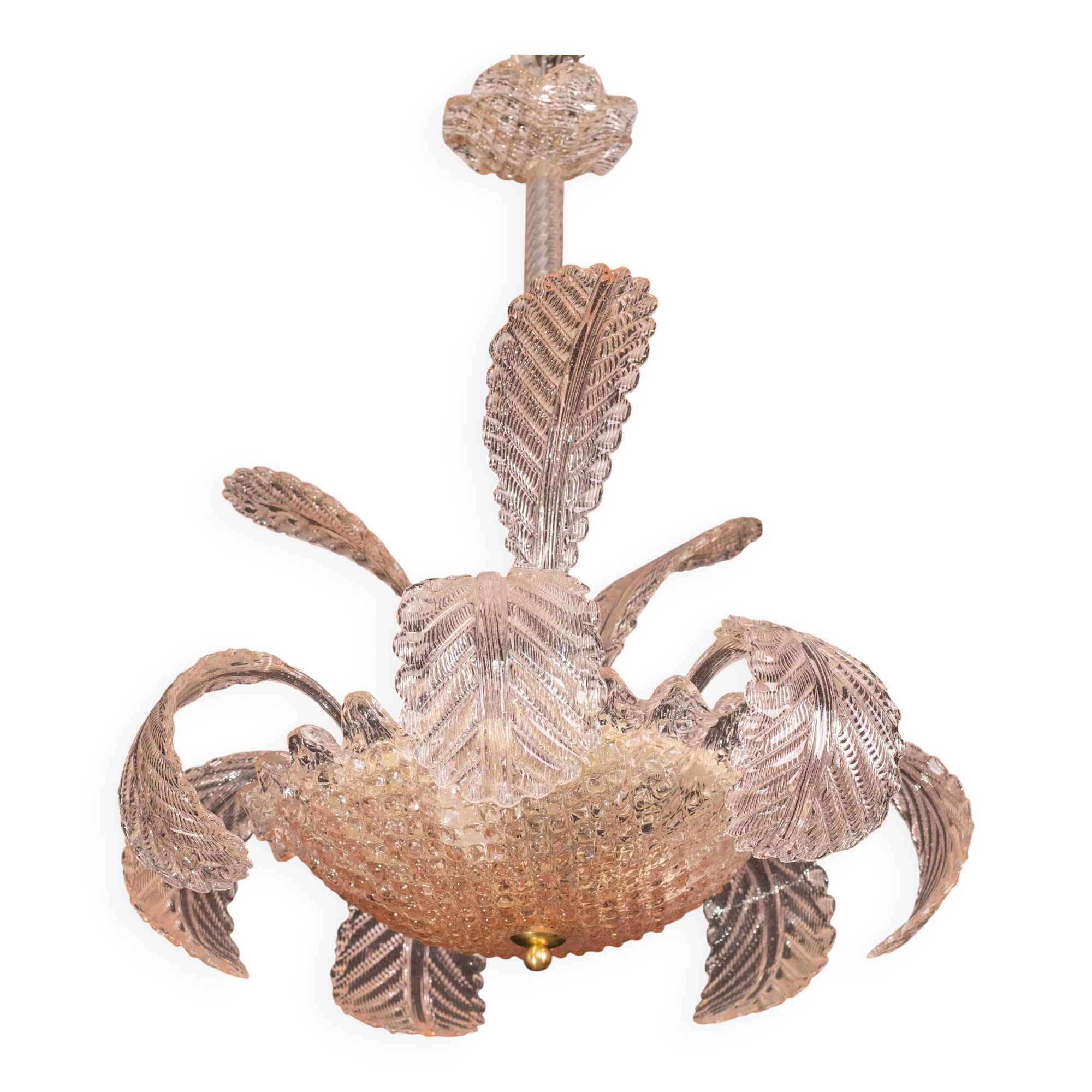 Pink Art Decò Barovier e Toso Chandelier, Murano Glass, 1950s