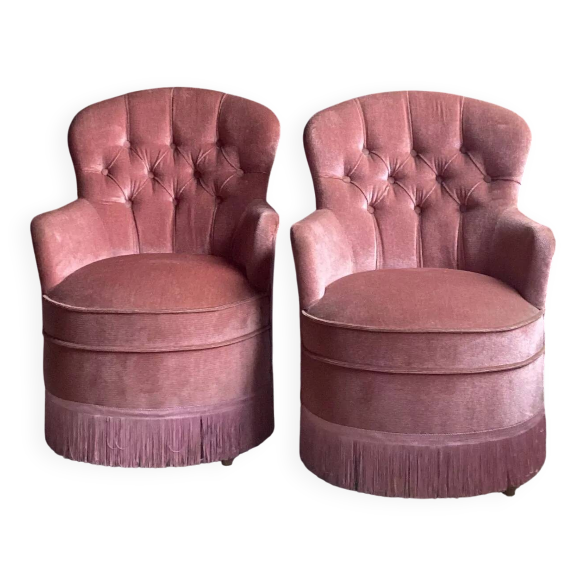Pair of small vintage upholstered toadstool armchairs in old rose velvet – 1960s