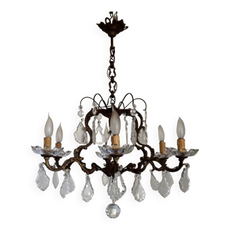 French Antique Bronze 6 sided Cage Chandelier Adorned With Crystal Droplets 4487