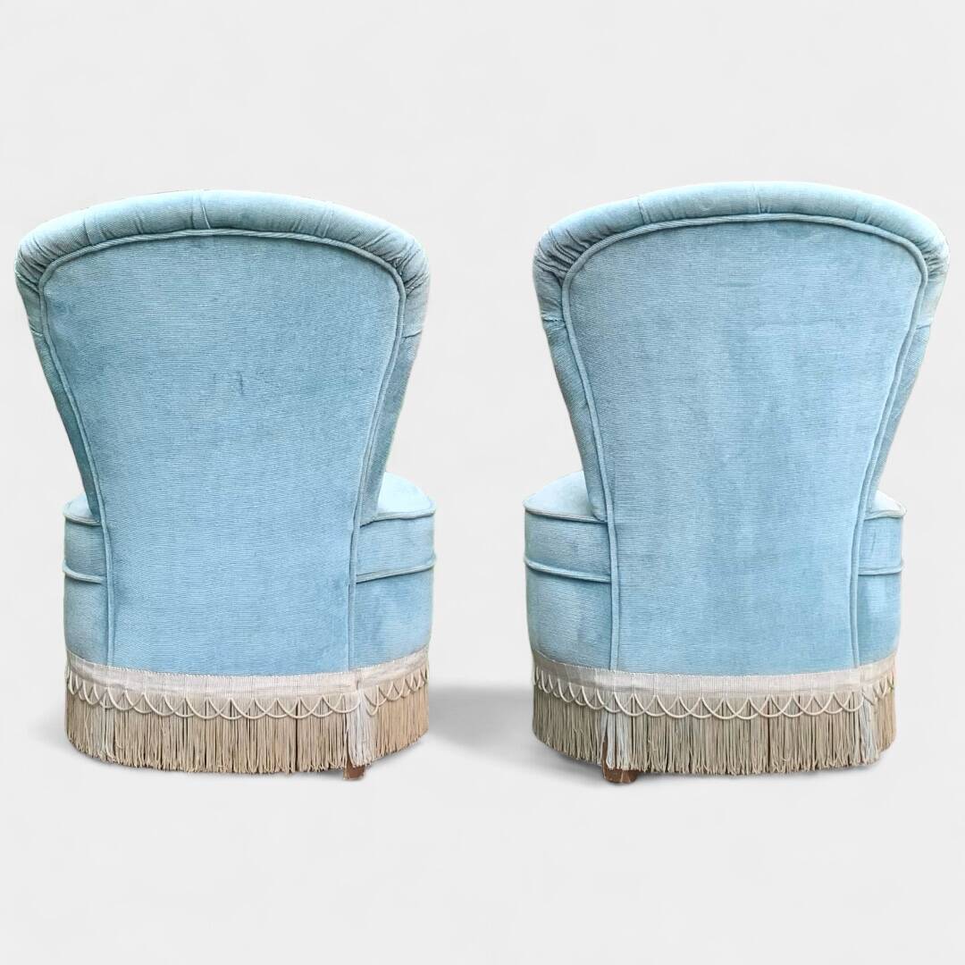 Pair of vintage blue velvet upholstered toad armchairs from the 1970s