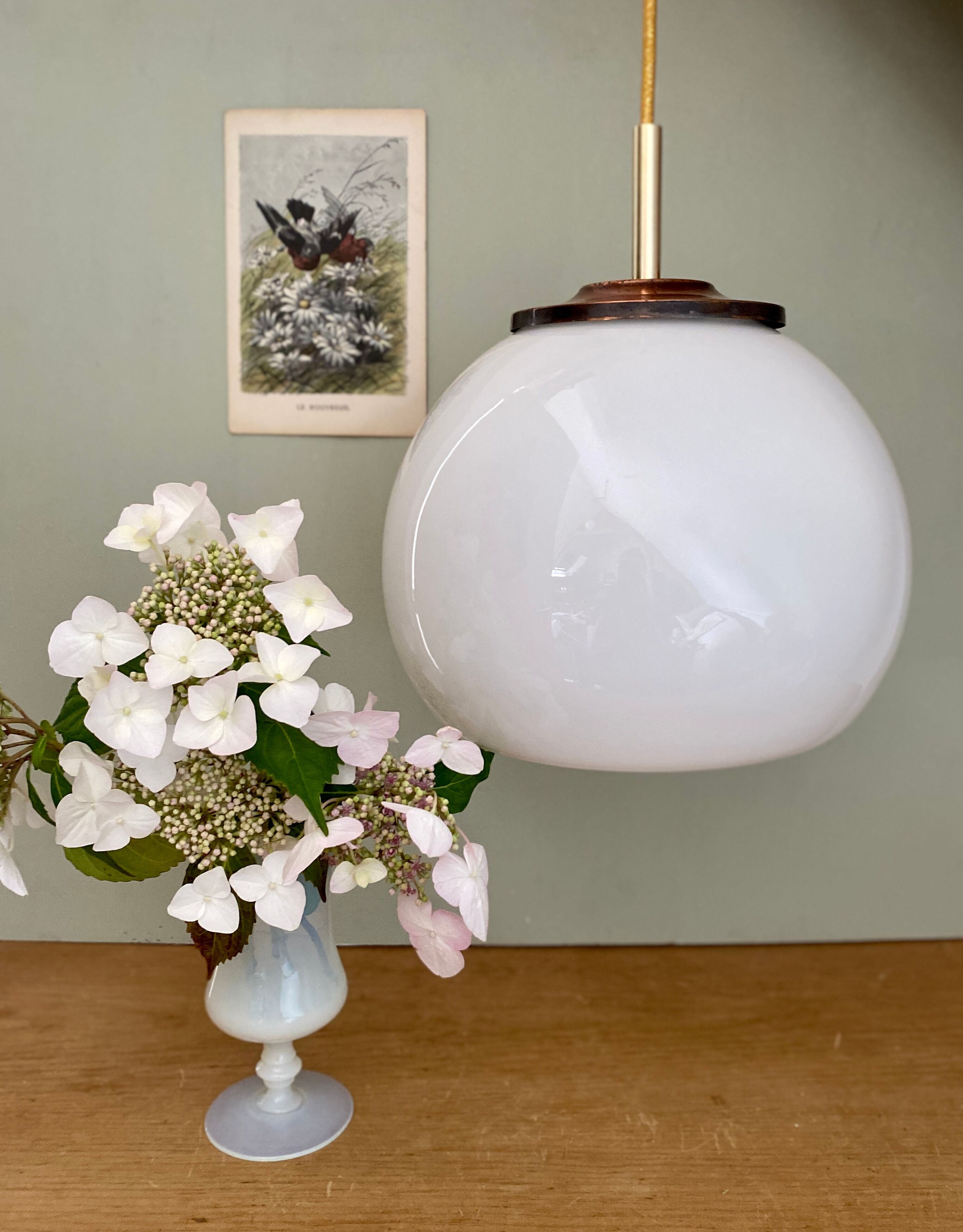Vintage globe pendant lamp in white opaline