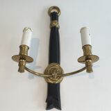 Pair of Black Lacquered Bronze Wall Lamps with Lions' Head Decorations. Around 1970