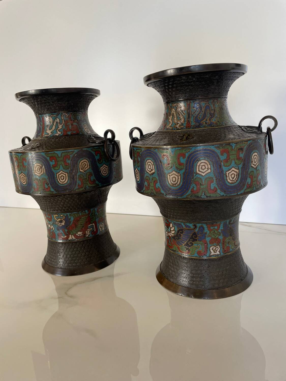 Pair of antique cloisonné bronze vases, China or Japan circa 1900-1930.