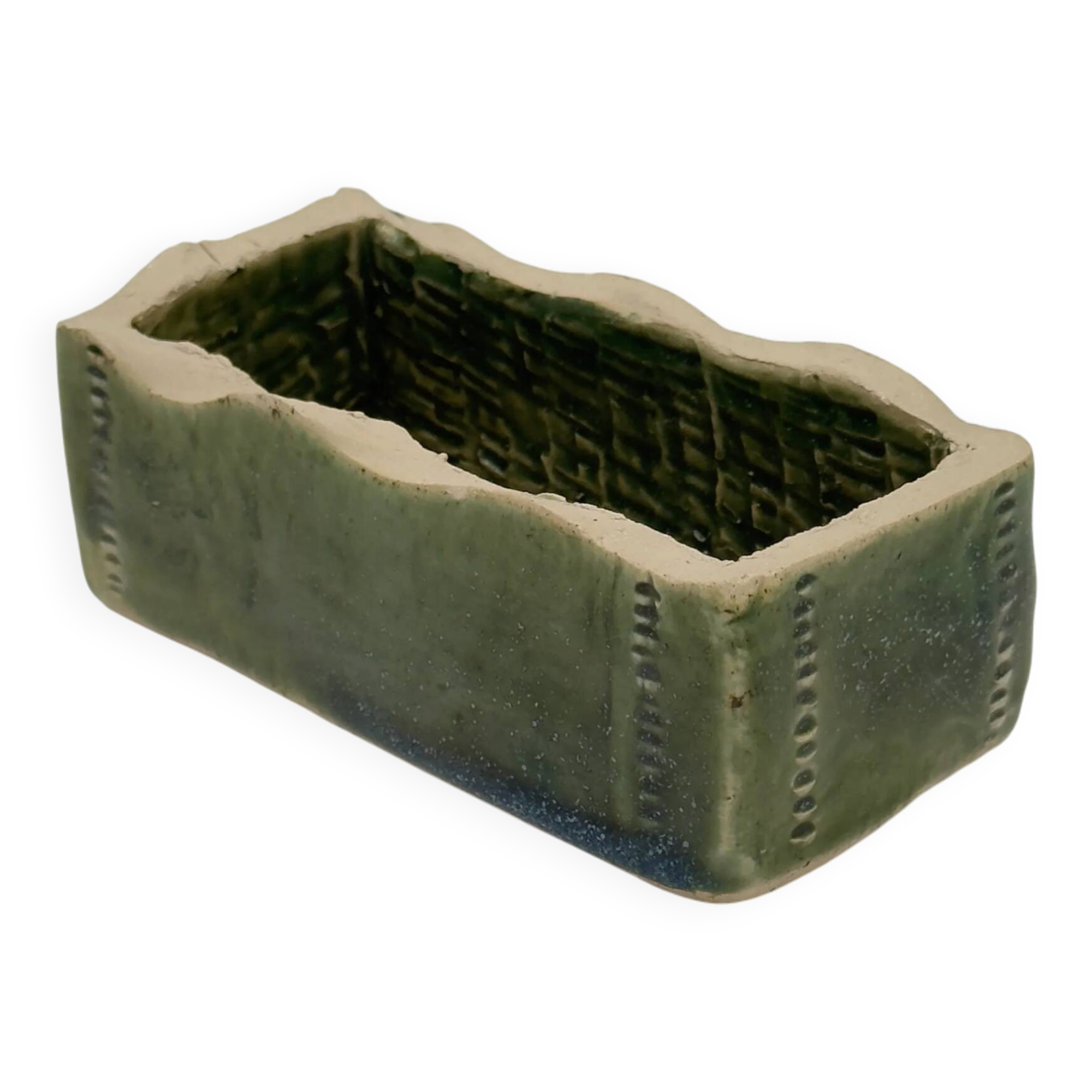 Rectangular ceramic vase signed, woven interior.