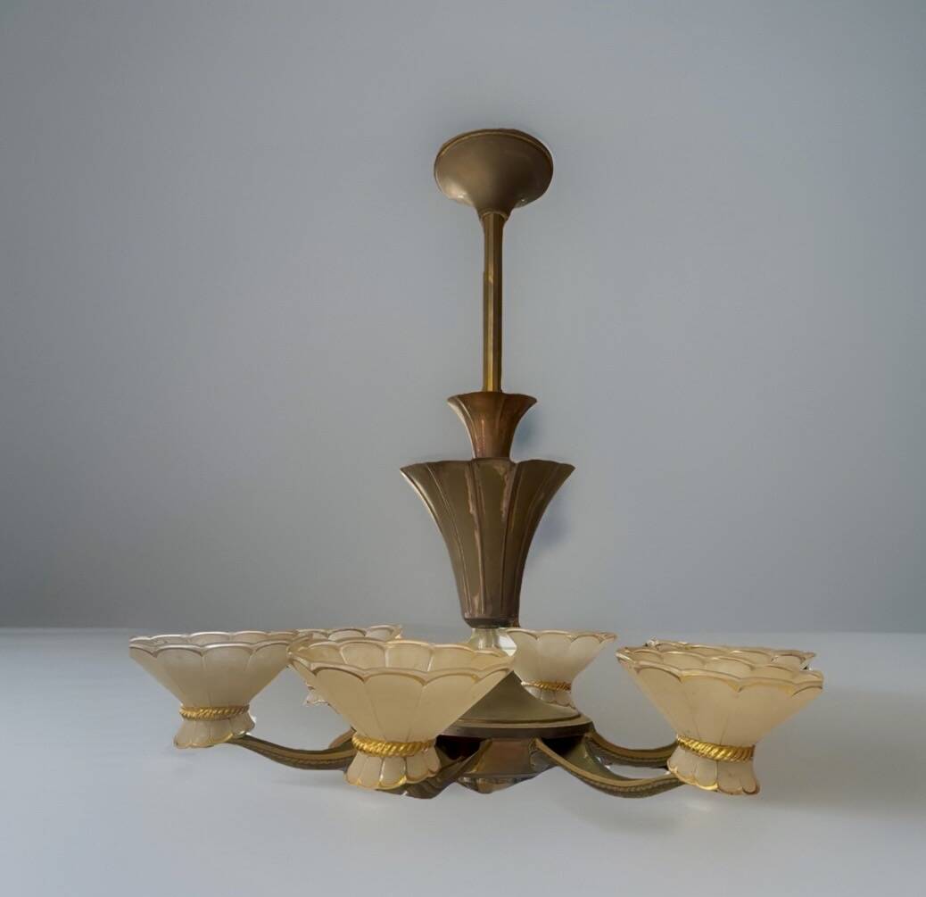 Art Deco Chandelier with Six Lights in Bronze and Frosted Glass, France, 1930s