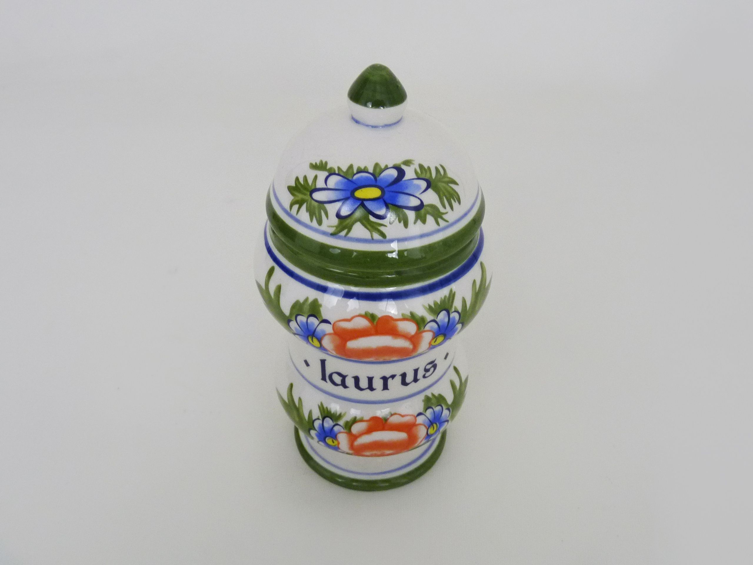 Old apothecary pot, ceramic Laurus medicine jar. Year 70 80