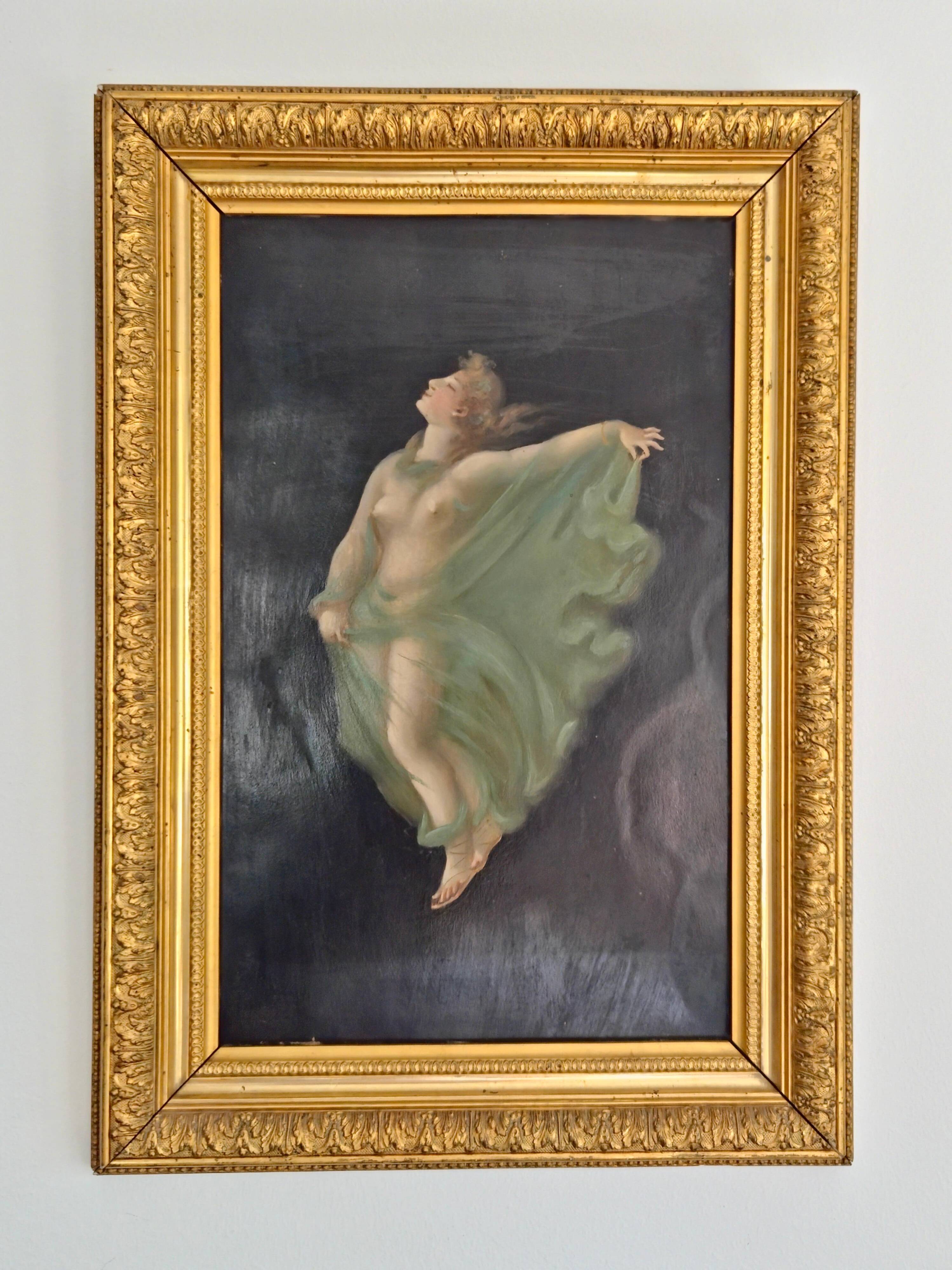 Pair of oil paintings in the neoclassical style depicting dancing nymphs dressed in transparent gowns, dating from the mid-19th century.