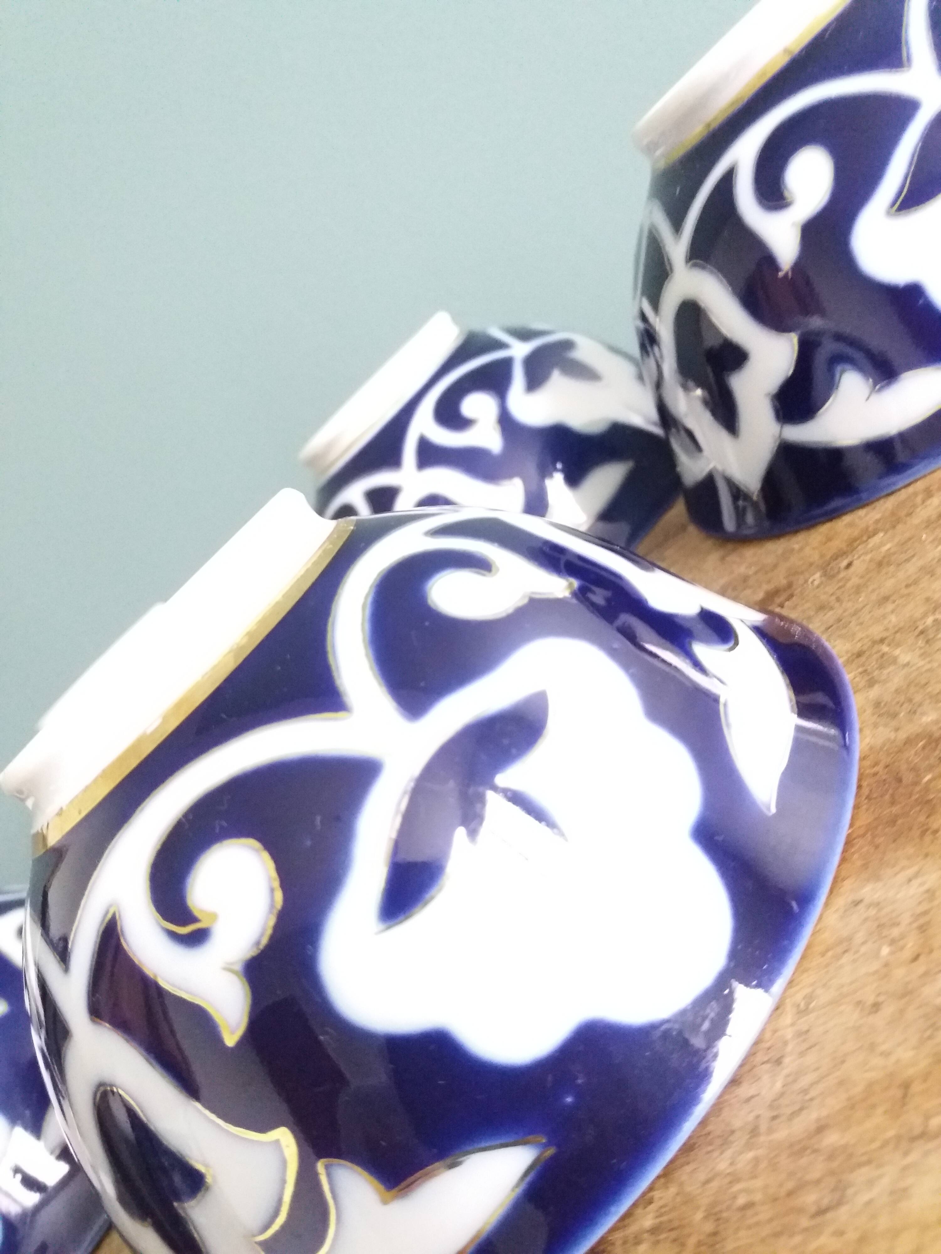5 Uzbekistan porcelain tea bowls or cups, cobalt and gold decor