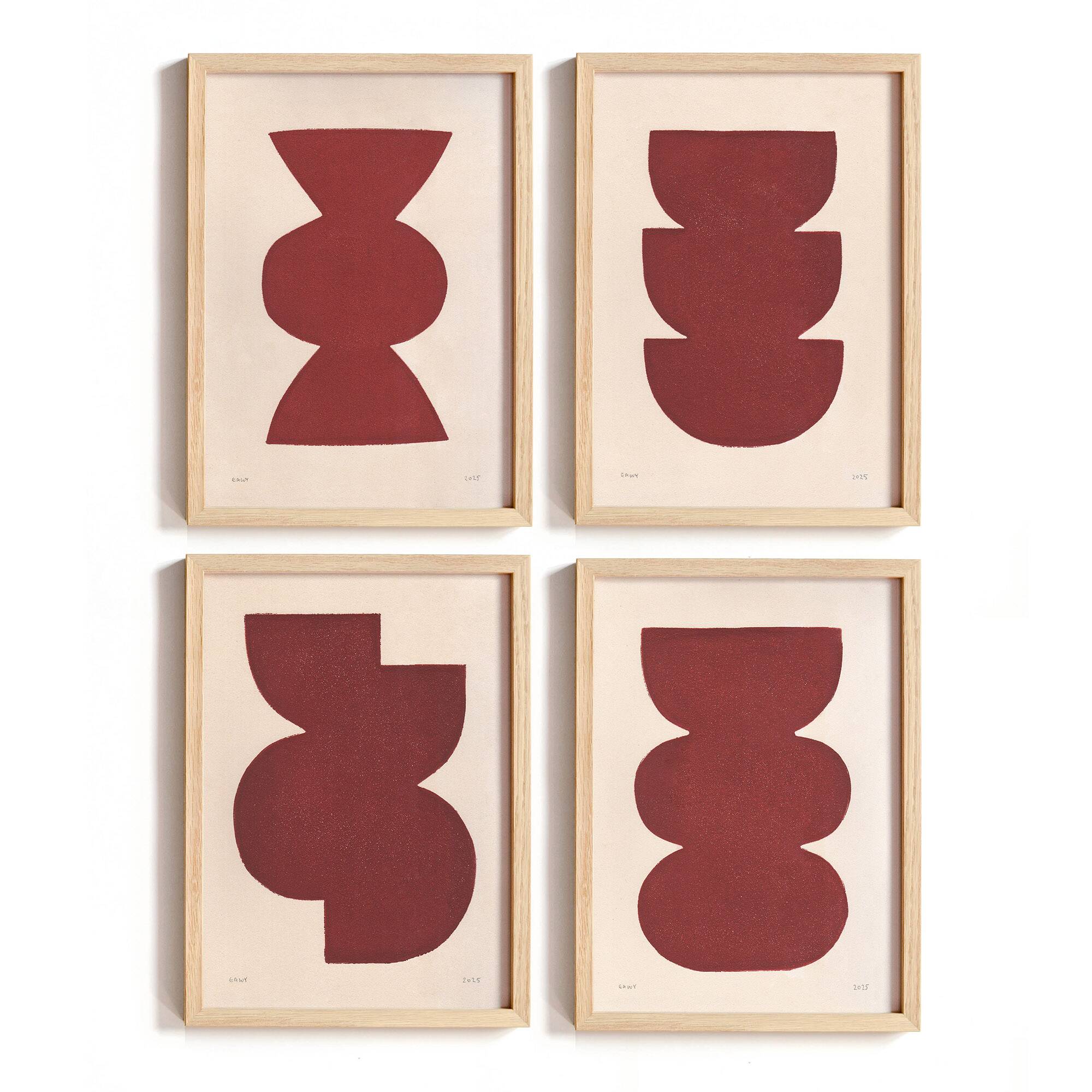 Collection of 4 abstract burgundy paintings signed Eawy