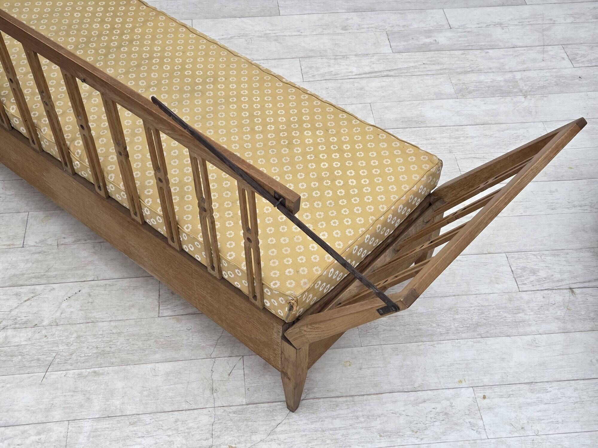 1970s, Swedish drop arm sofa/daybed, furniture fabric, oak wood.