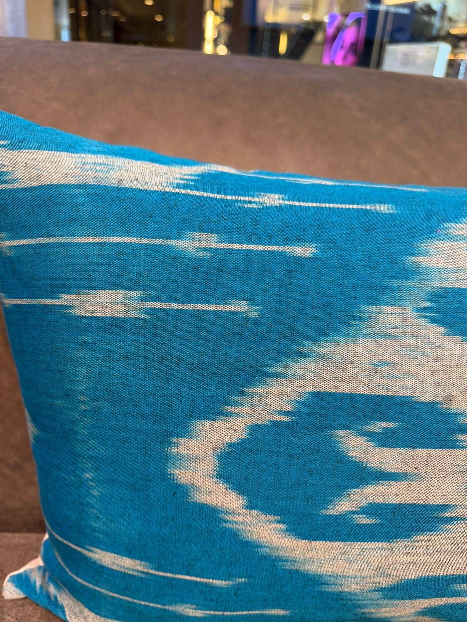 Handmade Silk Ikat Lumbar Cushion Cover, Sky Blue Oval Print Pillow Case