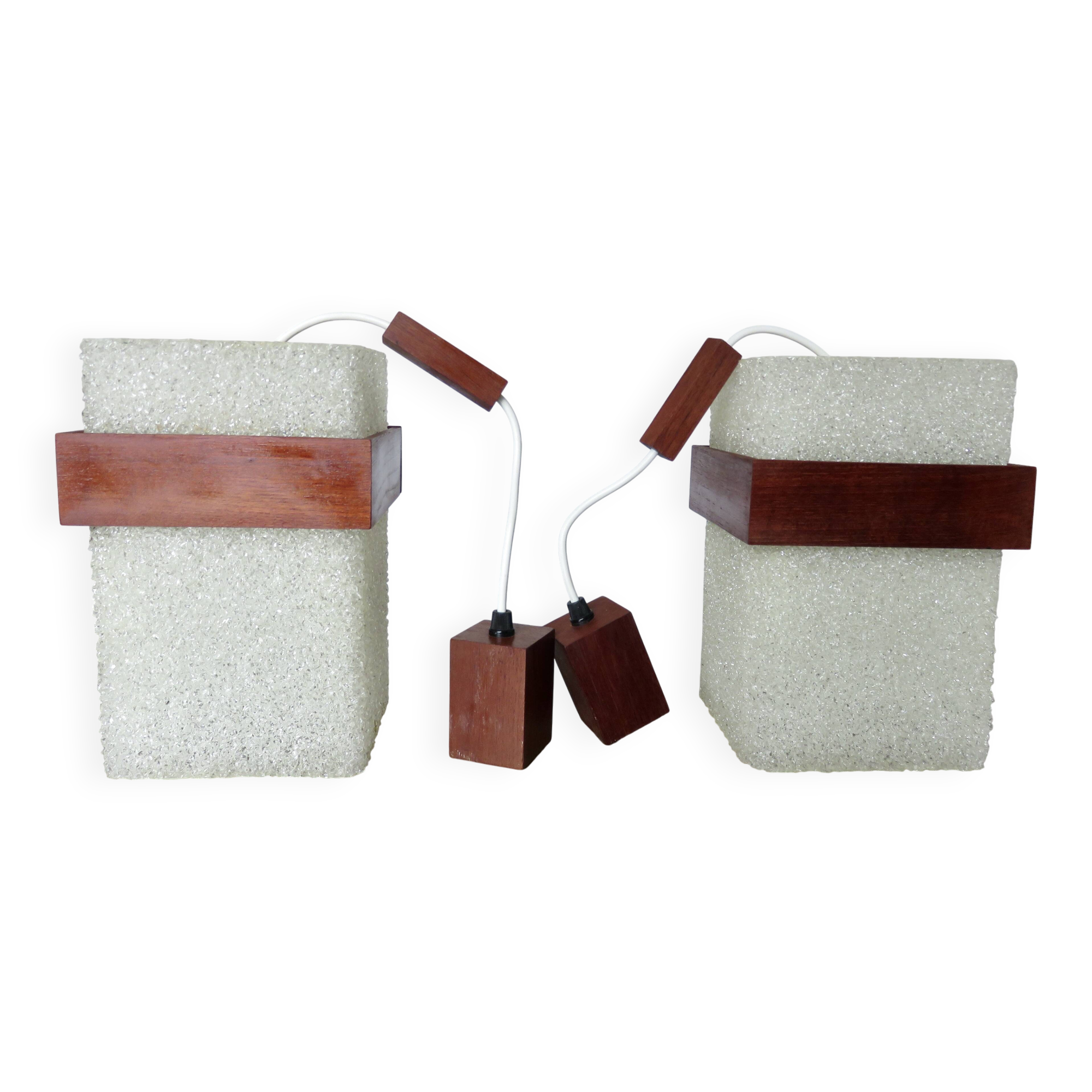 Pair of Scandinavian pendant lights in teak and perspex, 1970s.