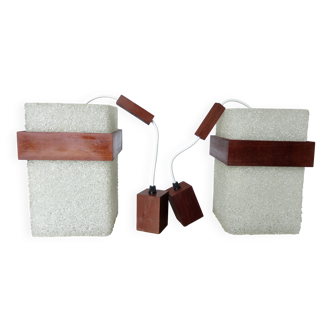 Pair of Scandinavian pendant lights in teak and perspex, 1970s.