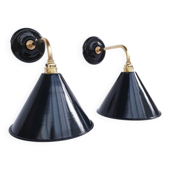 Pair of antique black enamelled sheet metal wall lights