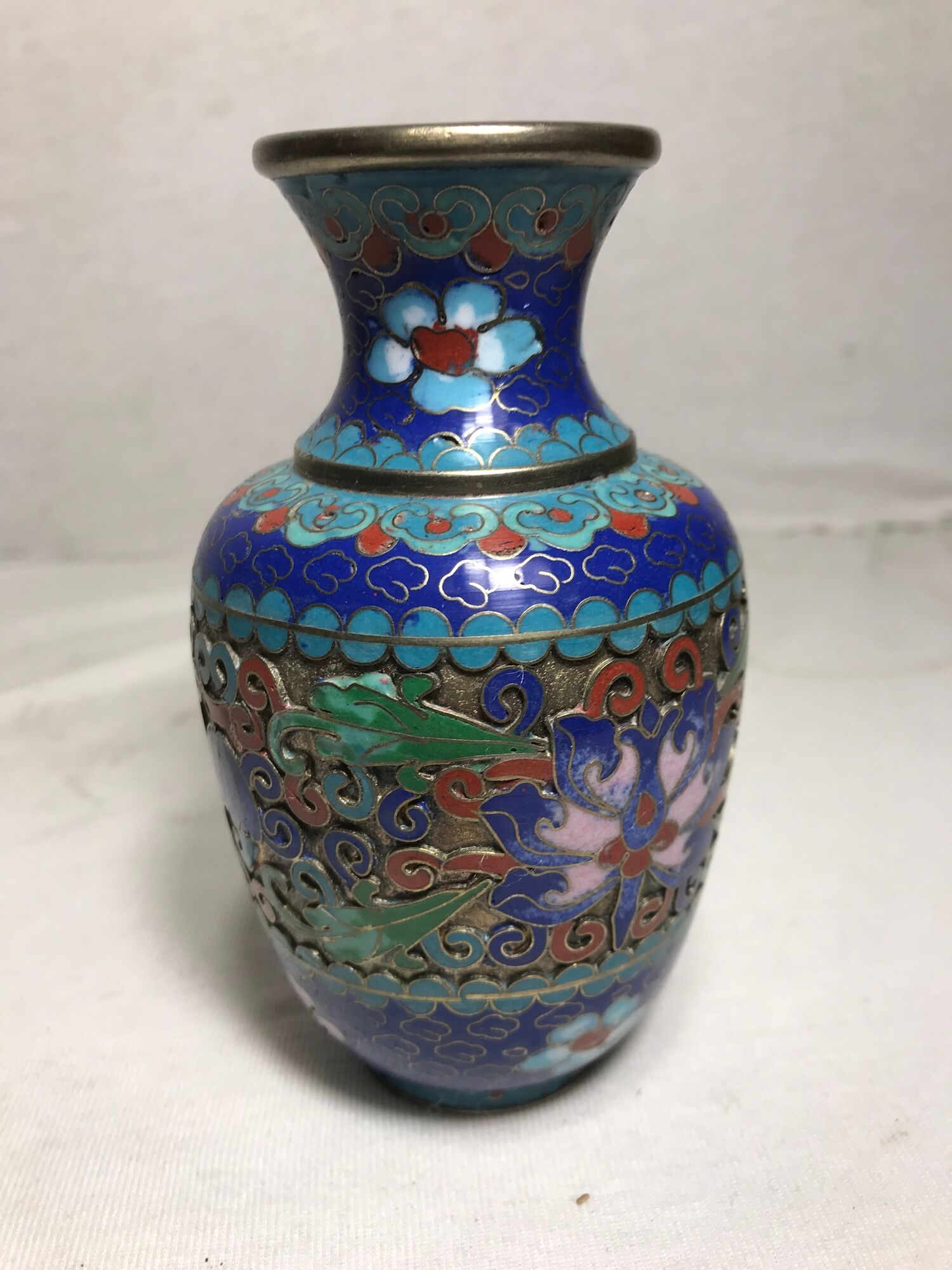 Old Vase Cloisonne enameled flowers designs Metal Decoration Vintage #3