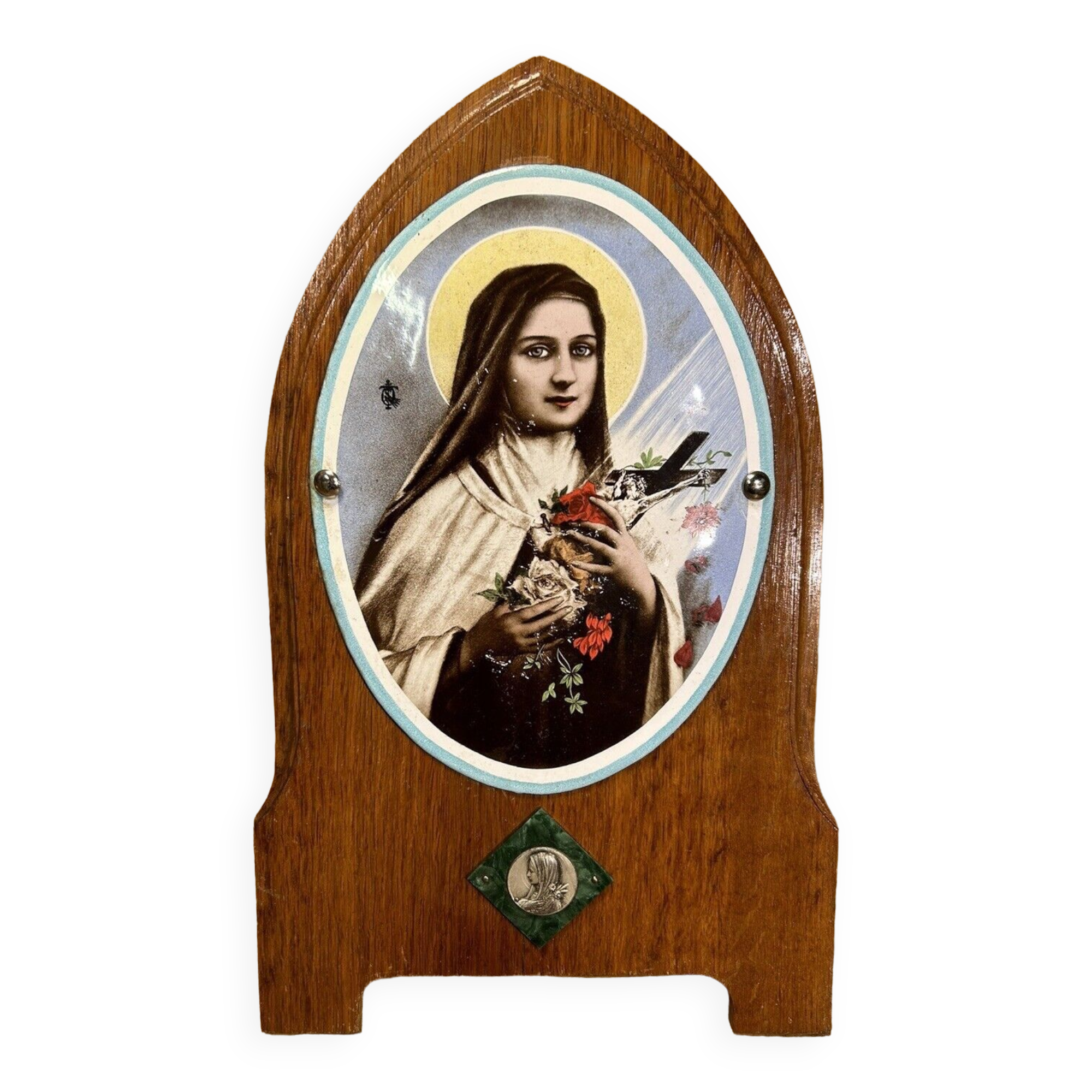 Old bedside oratory, oak, enamelled plaque, holy virgin, lourdes