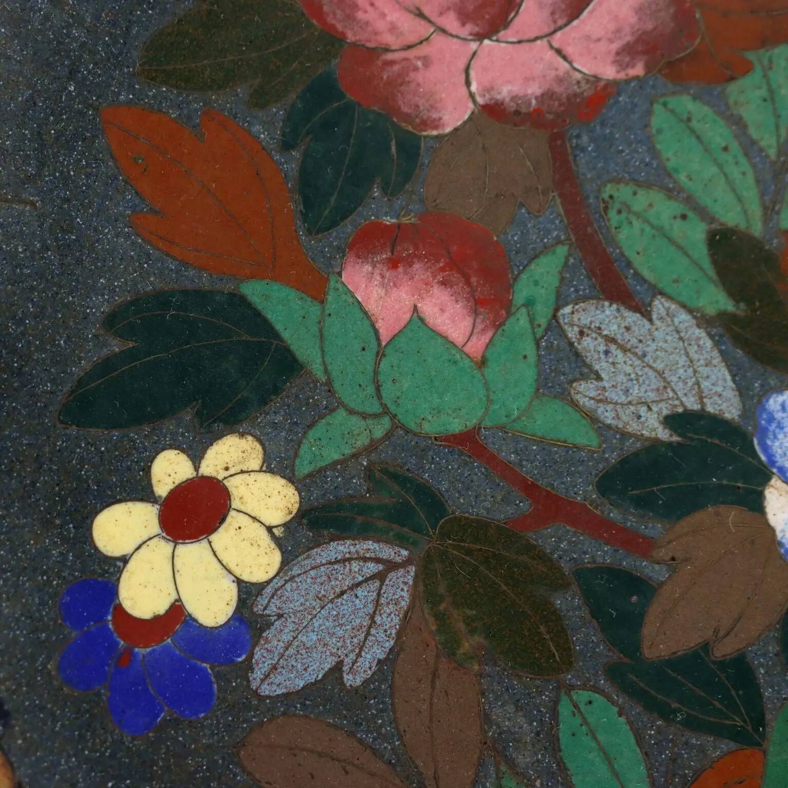 Antique copper plate with cloisonné decorations, Japan, Meiji period