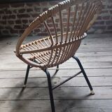 Fauteuil enfant rotin osier piètement acier vintage 50/60