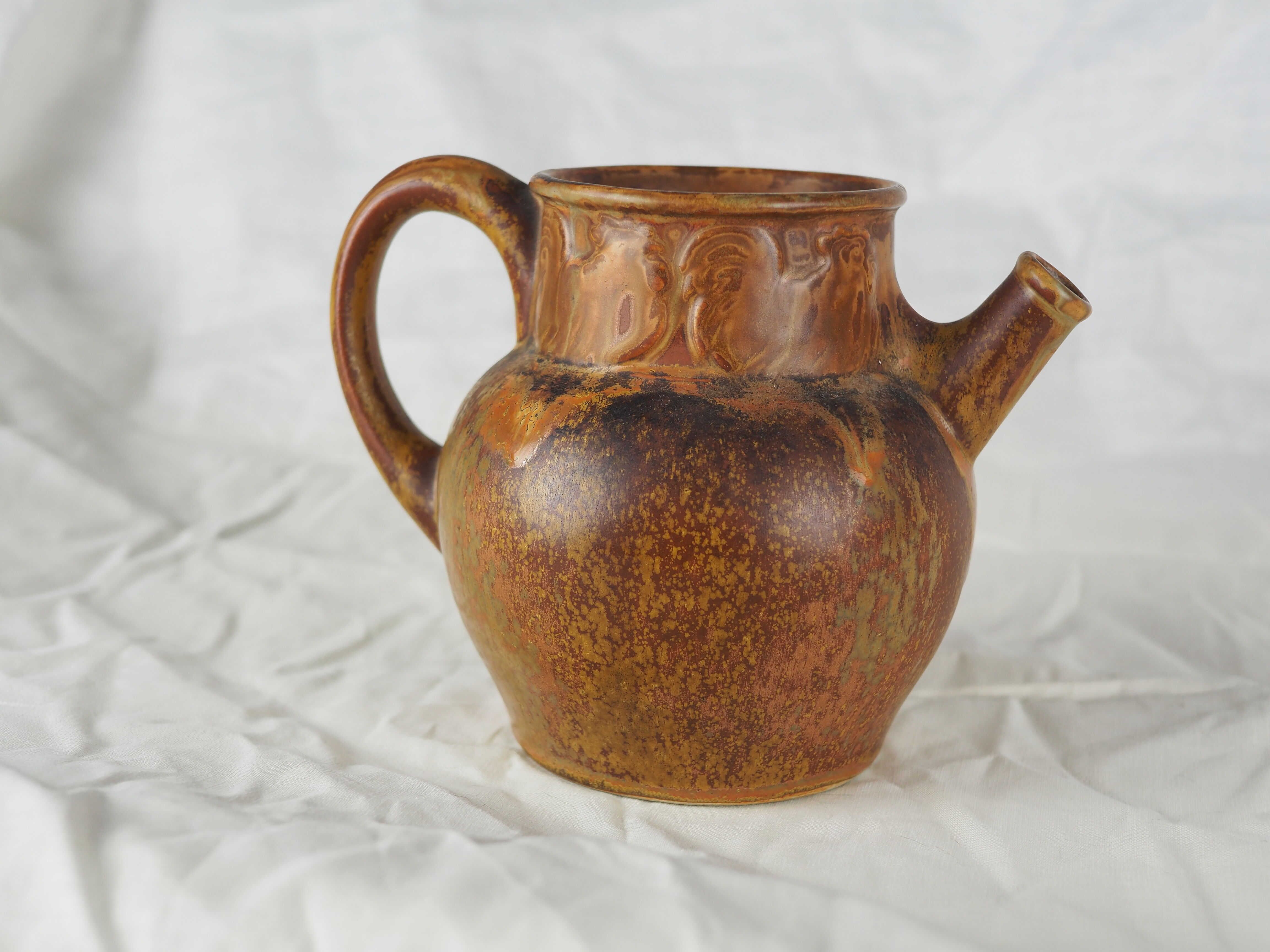 Rooster frieze pitcher, glaze with warm brown drips, ochre and volcanic - Denbac - 30s
