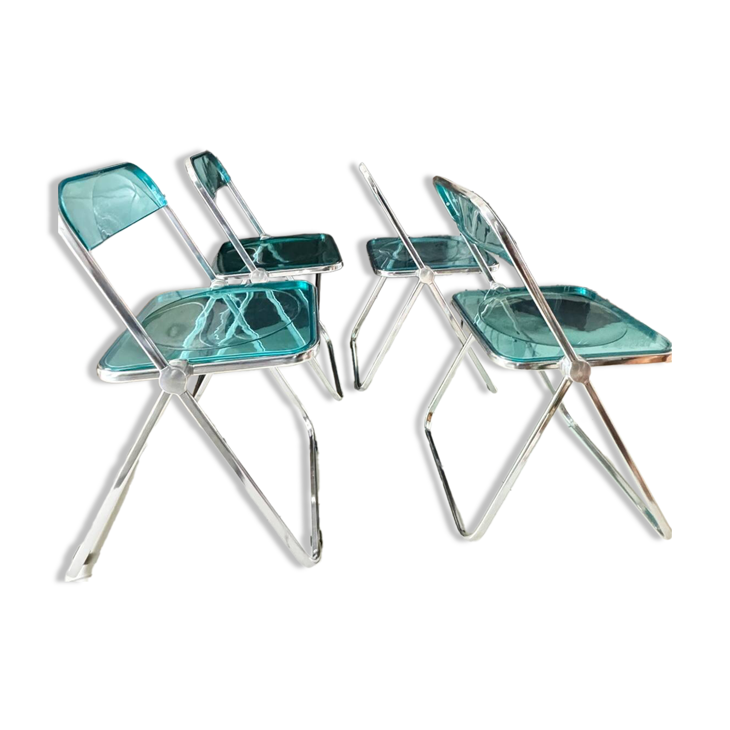 Set of 4 blue Plia folding chairs by Castelli