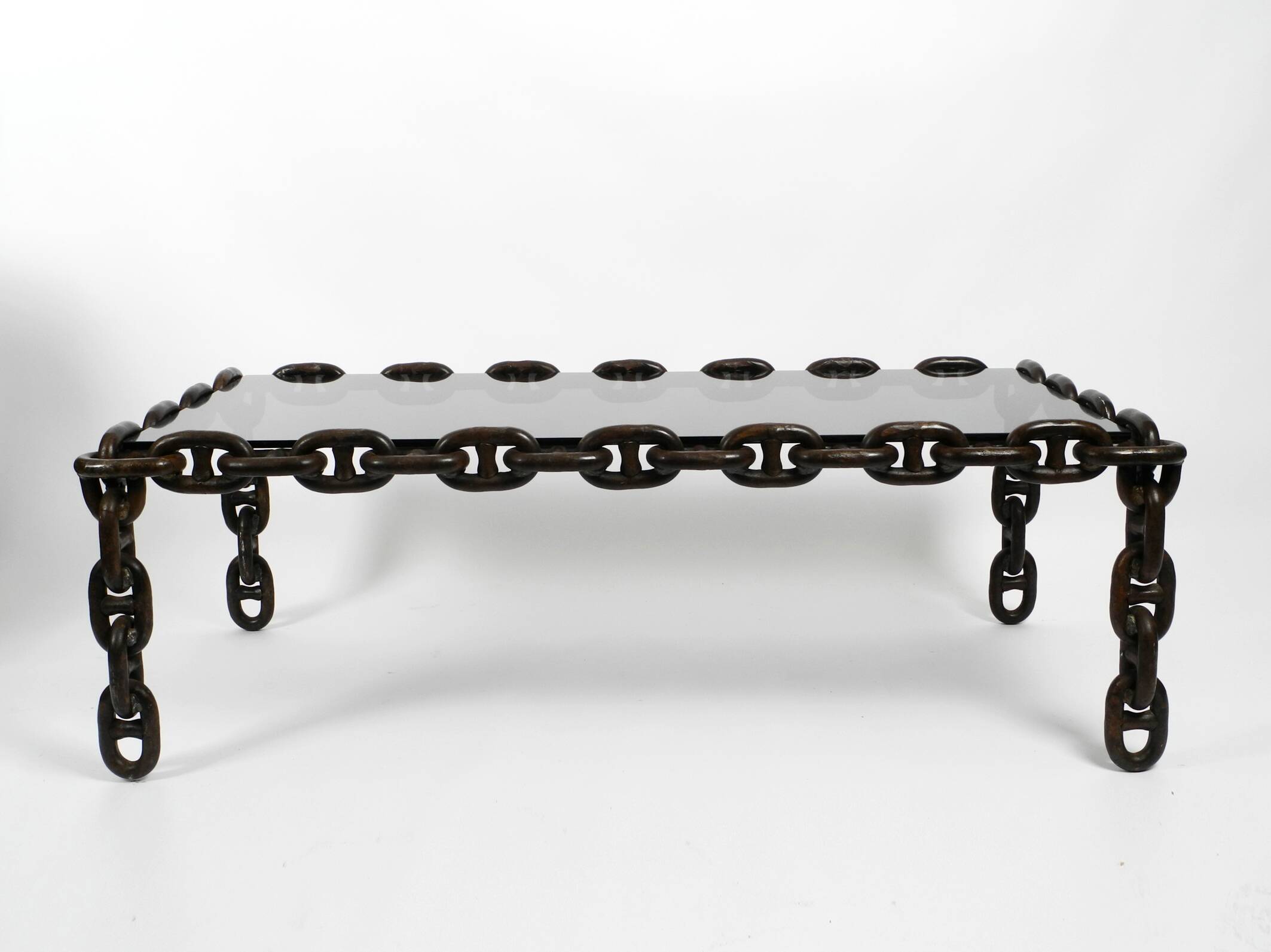 1970s XL Coffee Table Made of Nautical Iron Chain and a Thick Smoked Glass