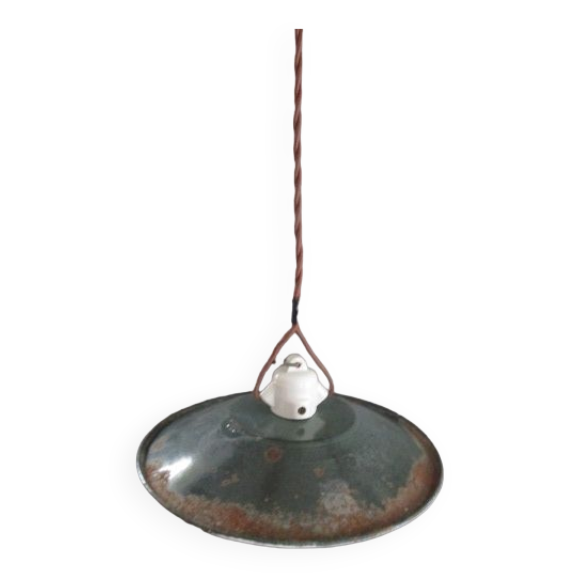 Pendant lamp in green enamelled sheet metal