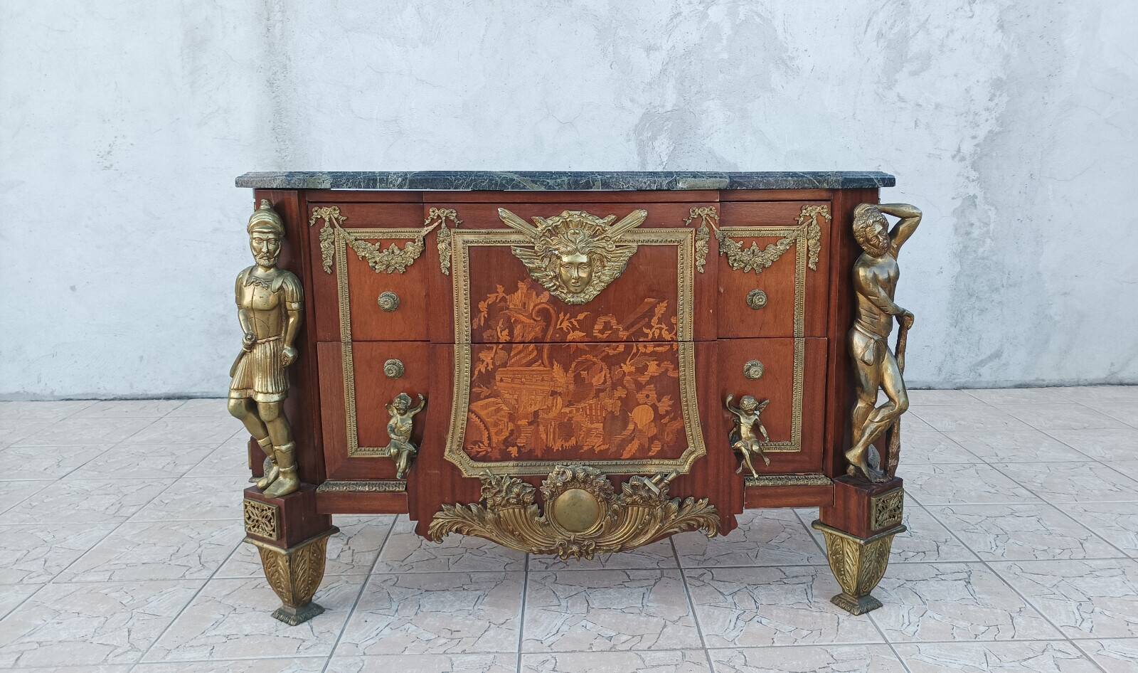 Louis XVI style commode in beech, bronze and marble.