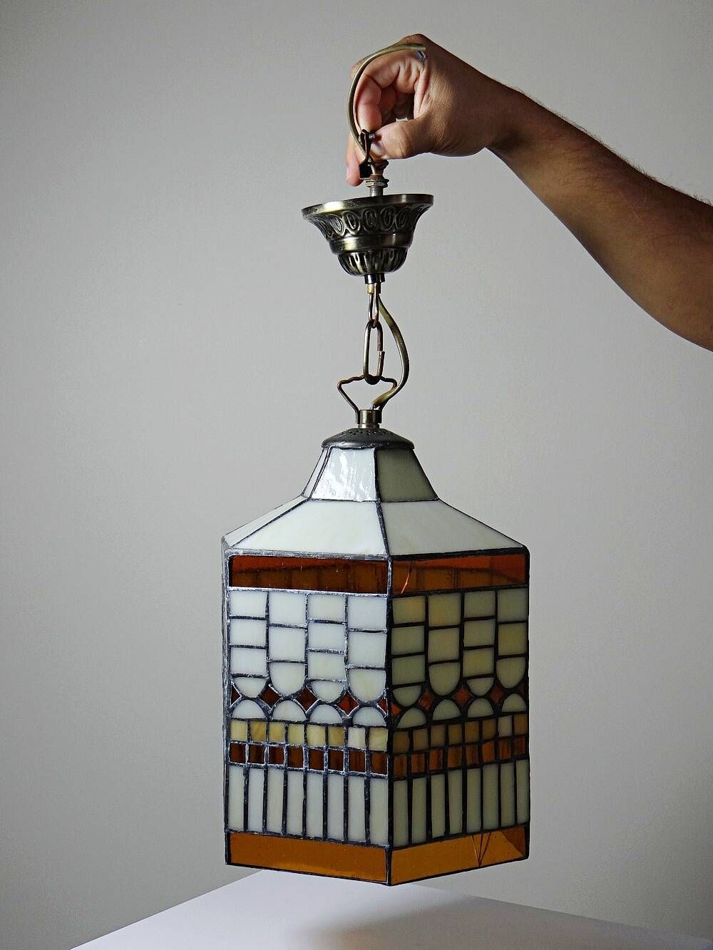 Large vintage suspension Artistar in Tiffany stained glass style, circa 1998.