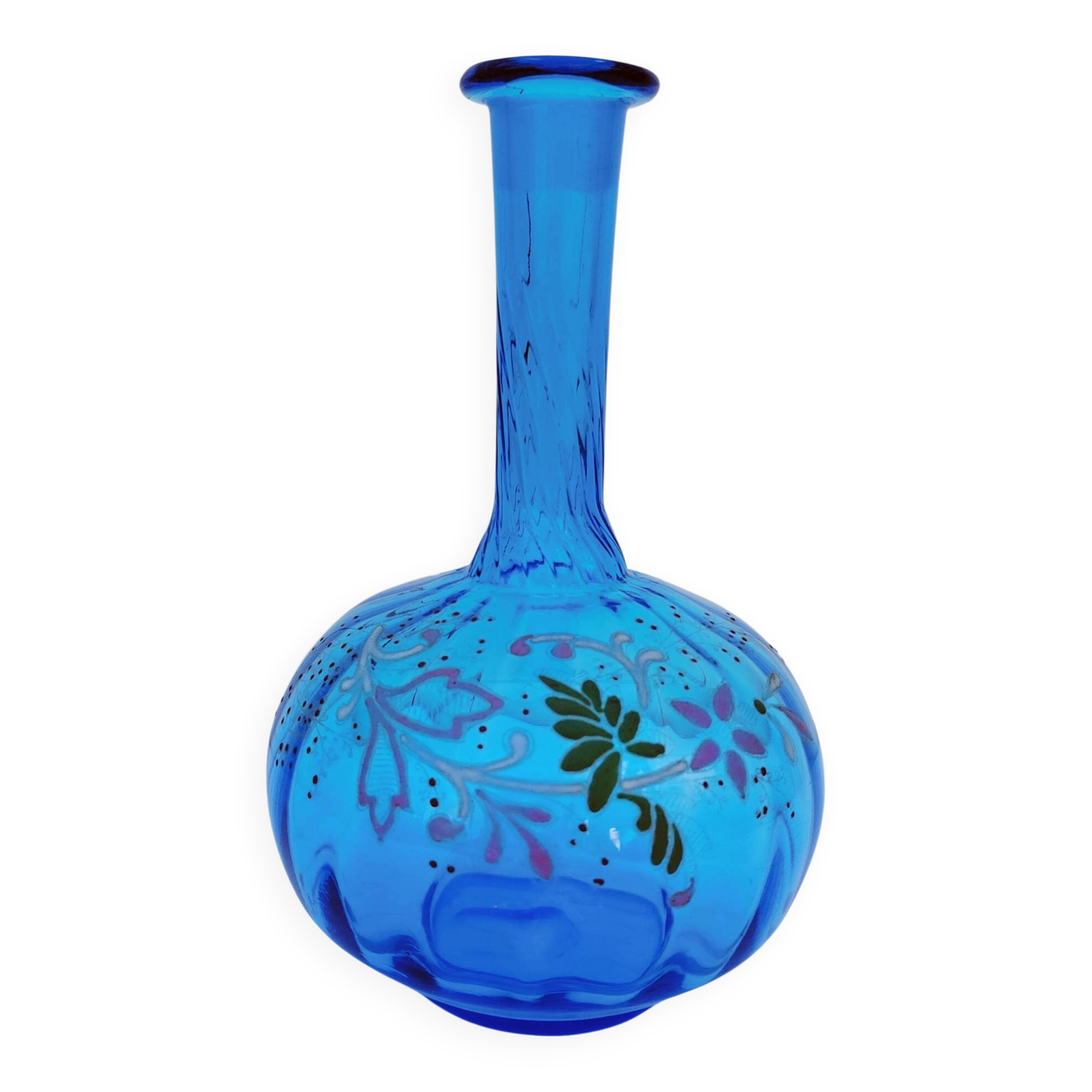 Vintage twisted blue glass carafe with enamel decoration.
