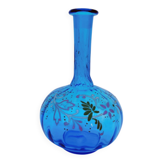 Vintage twisted blue glass carafe with enamel decoration.