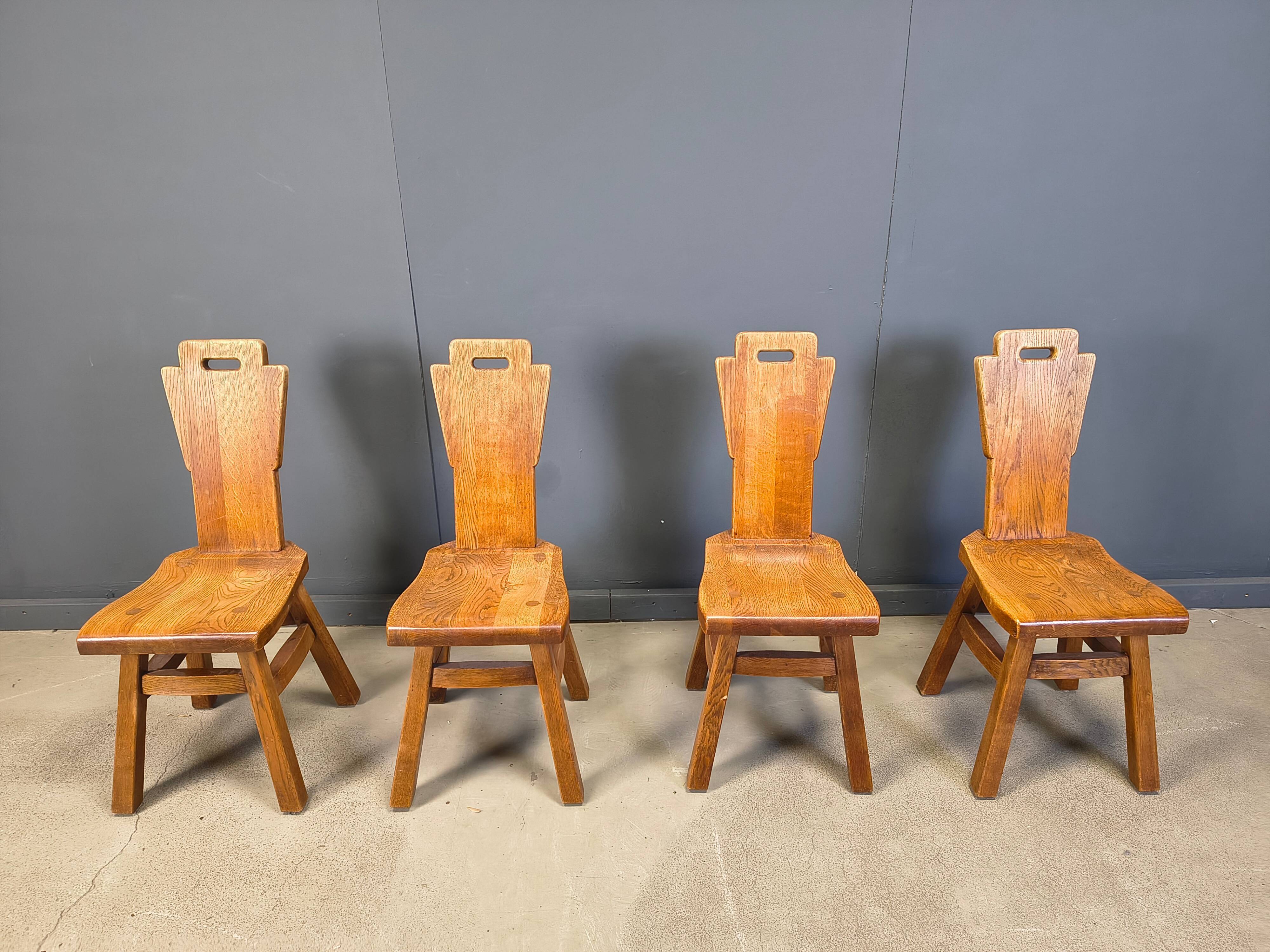Vintage oak brutalist chairs, 1970s set of 4