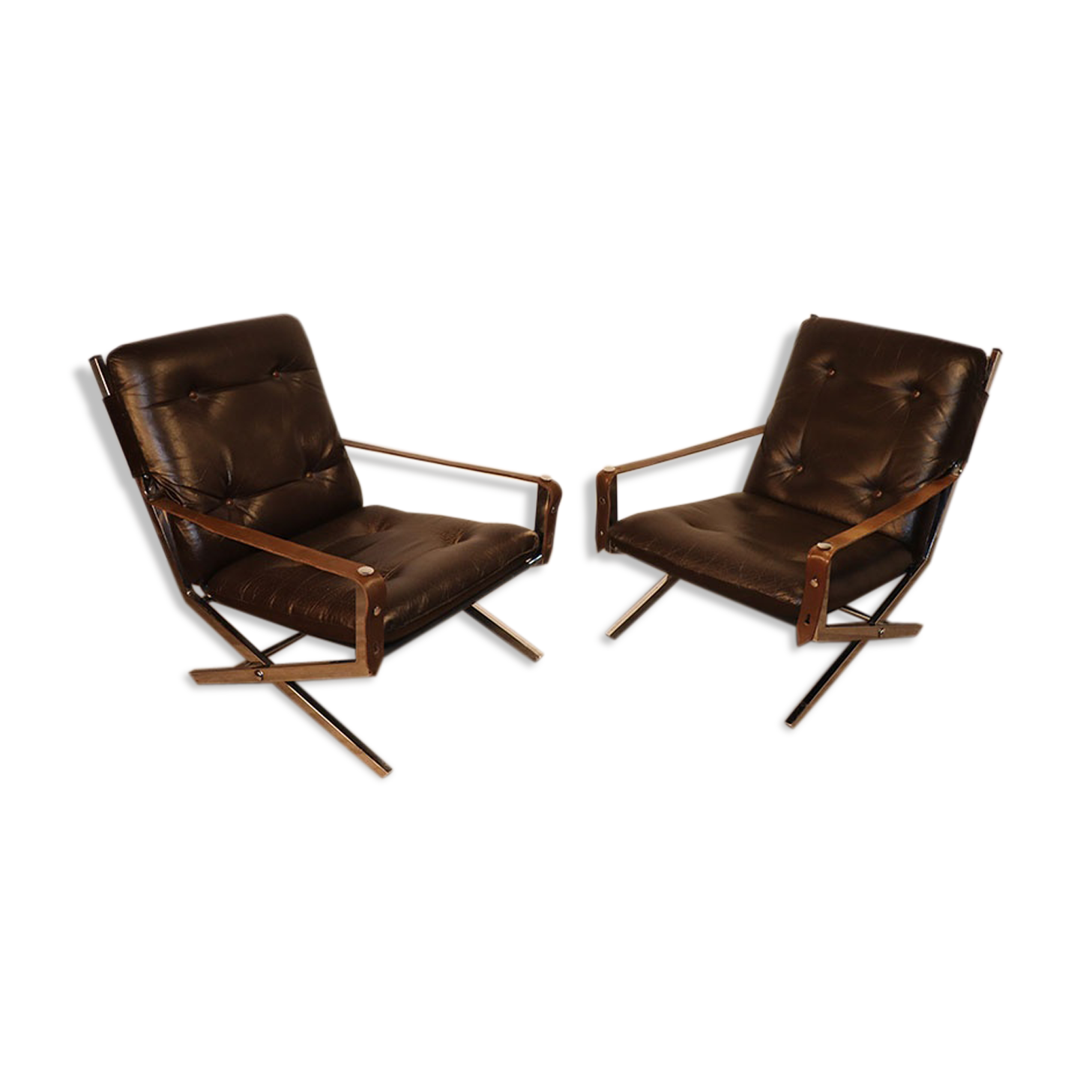 Pair of leather and chrome metal armchairs 1970