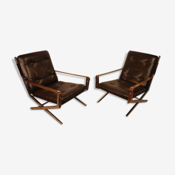 Pair of leather and chrome metal armchairs 1970