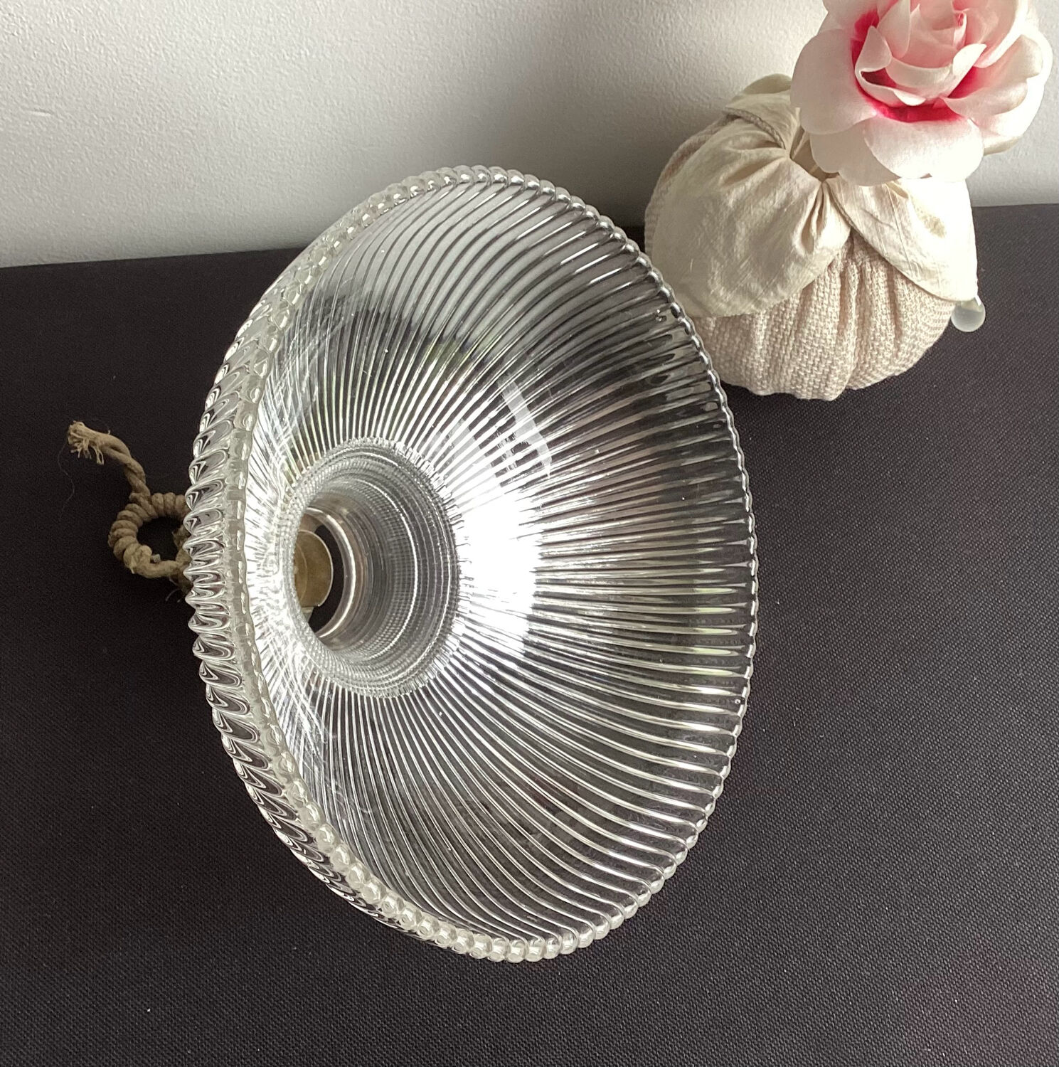 Vintage striped glass holophane pendant light