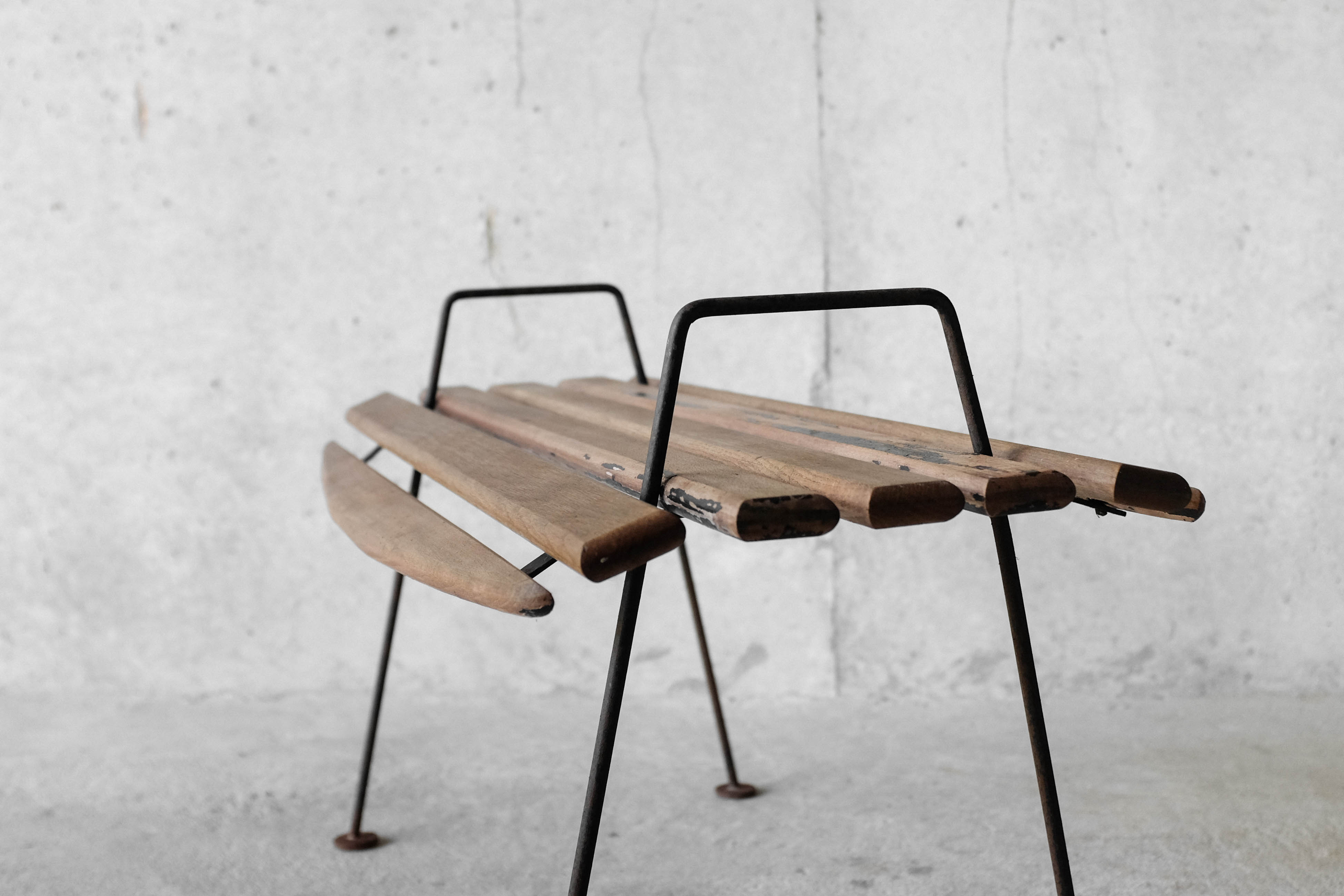 Stool with minimalist wood and metal slats