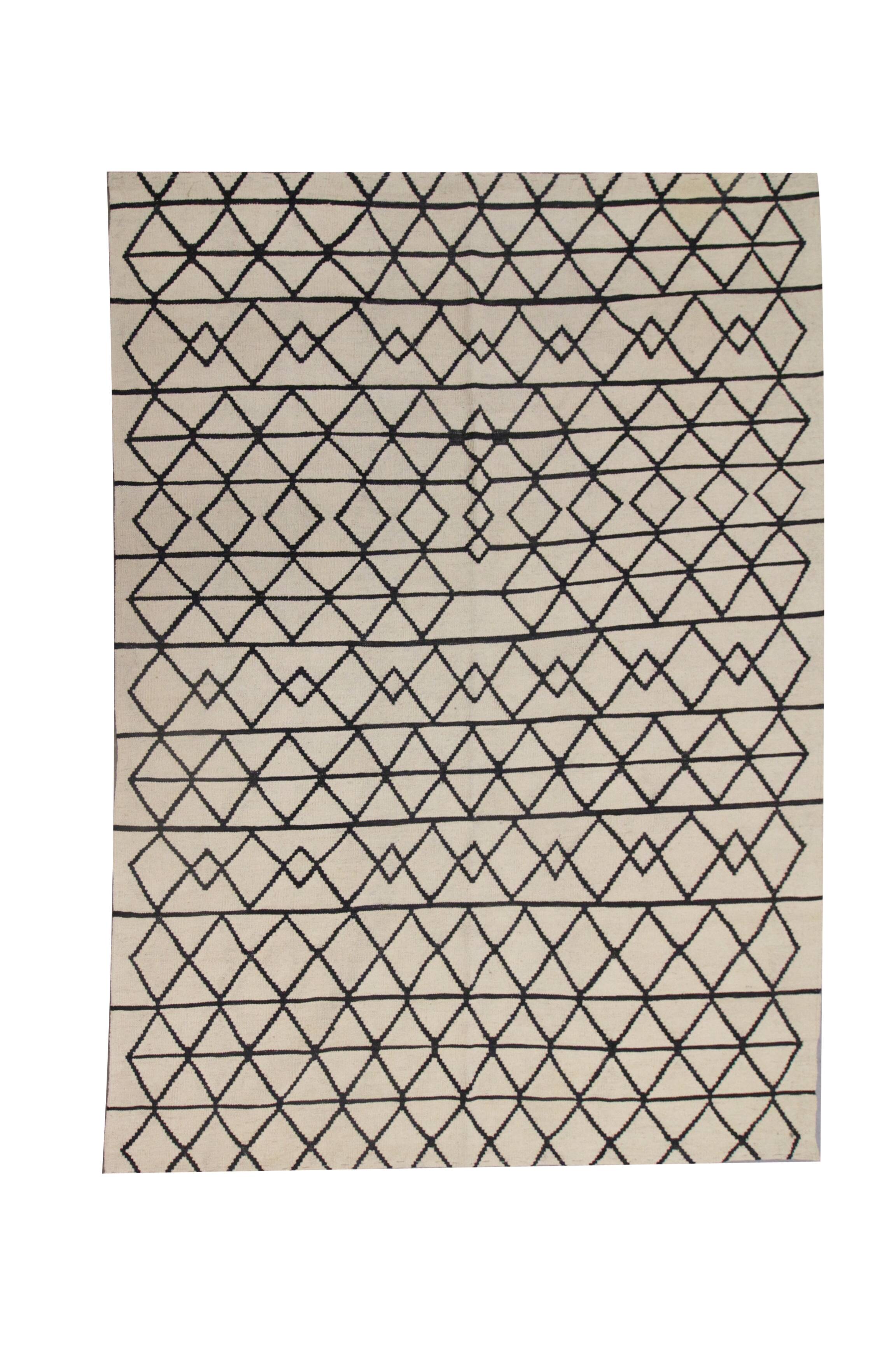 Tapis Kilim en laine crème et noire, tapis tissé à plat géométrique moderne fait main
