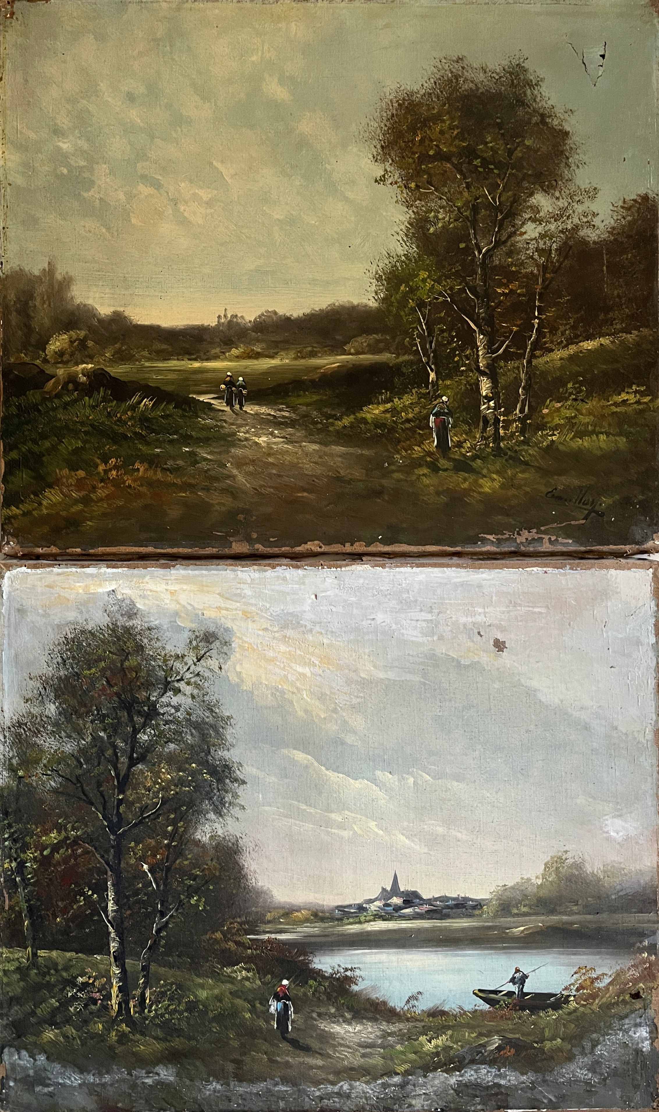 Table pendant of HST "Barbizon Landscape" signed (?) for restoration.