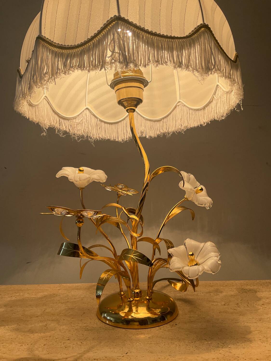 Vintage brass lamp with glass paste flower
