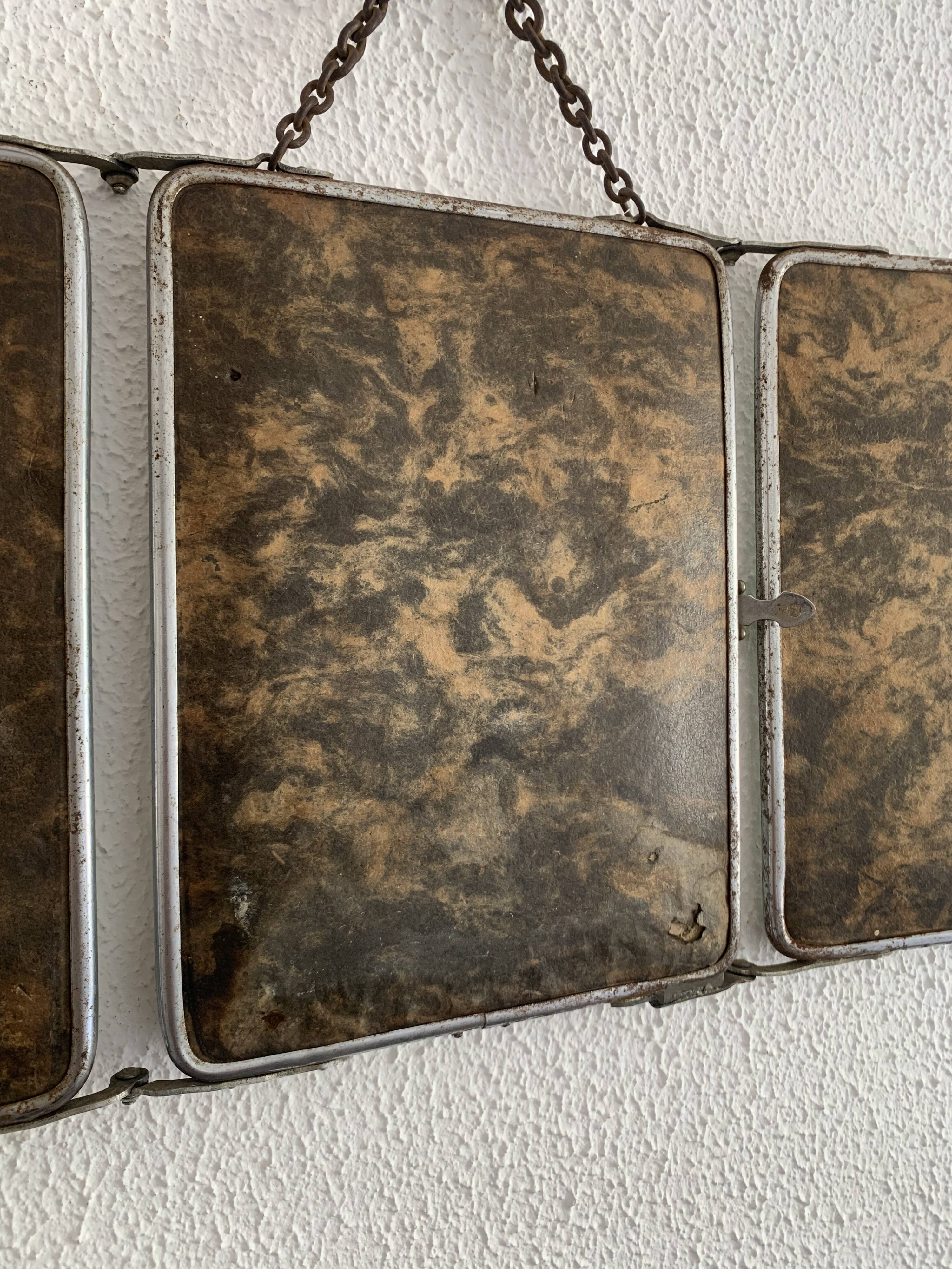 Vintage 1930s barber triptych mirror with camouflage beveled glass - 25 x 59 cm