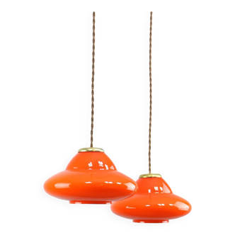 Mid-Century Italian Orange Glass & Brass Saucer Pendant Lamps, Set of 2