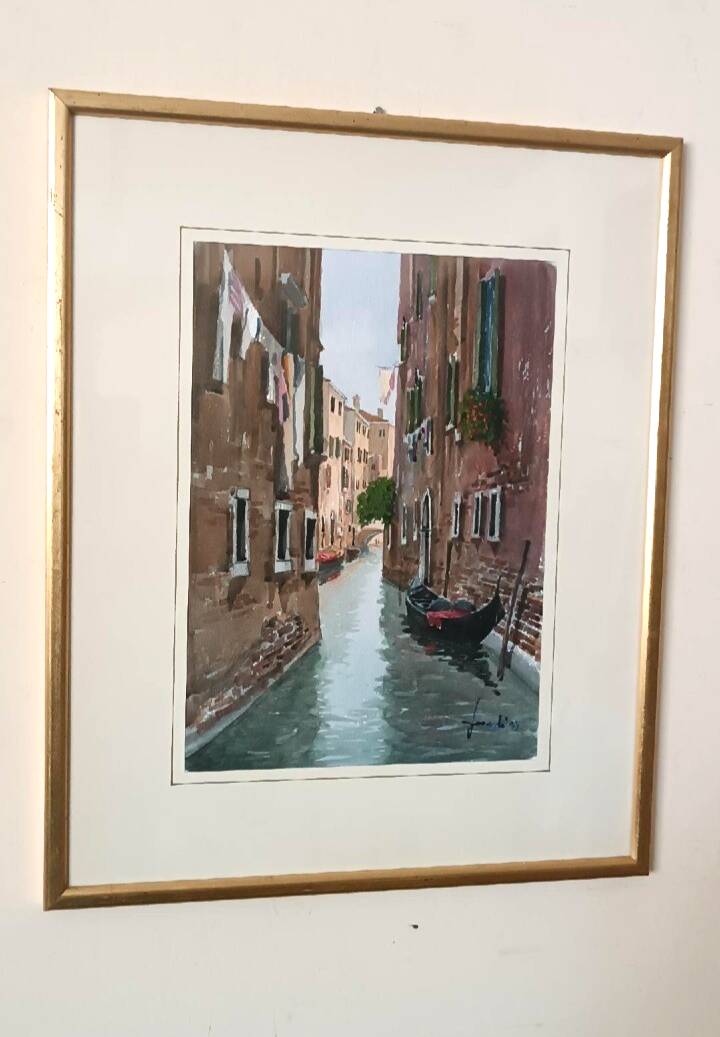 Watercolor depicting a glimpse of a canal in Venice or Chioggia signed