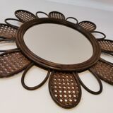 Miroir fleur vintage en rotin et cannage années 60/70