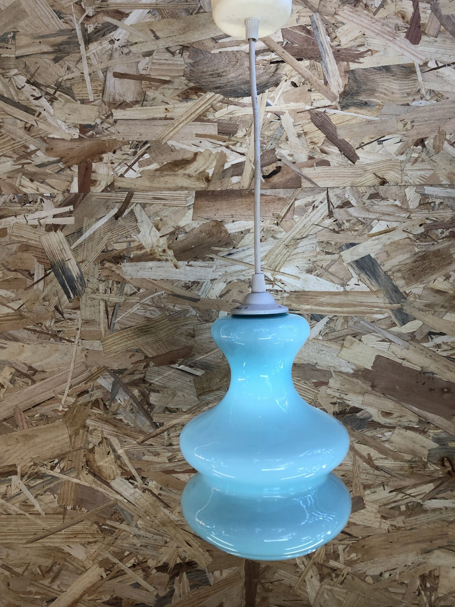 Old Suspension Opaline Blue + Thread White Decoration 70s Vintage