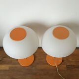 Paire de deux lampes champignon orange Italiennes des années 70