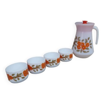 Vintage 1970 Arcopal service Coffee pitcher and 5 Arcopal cups