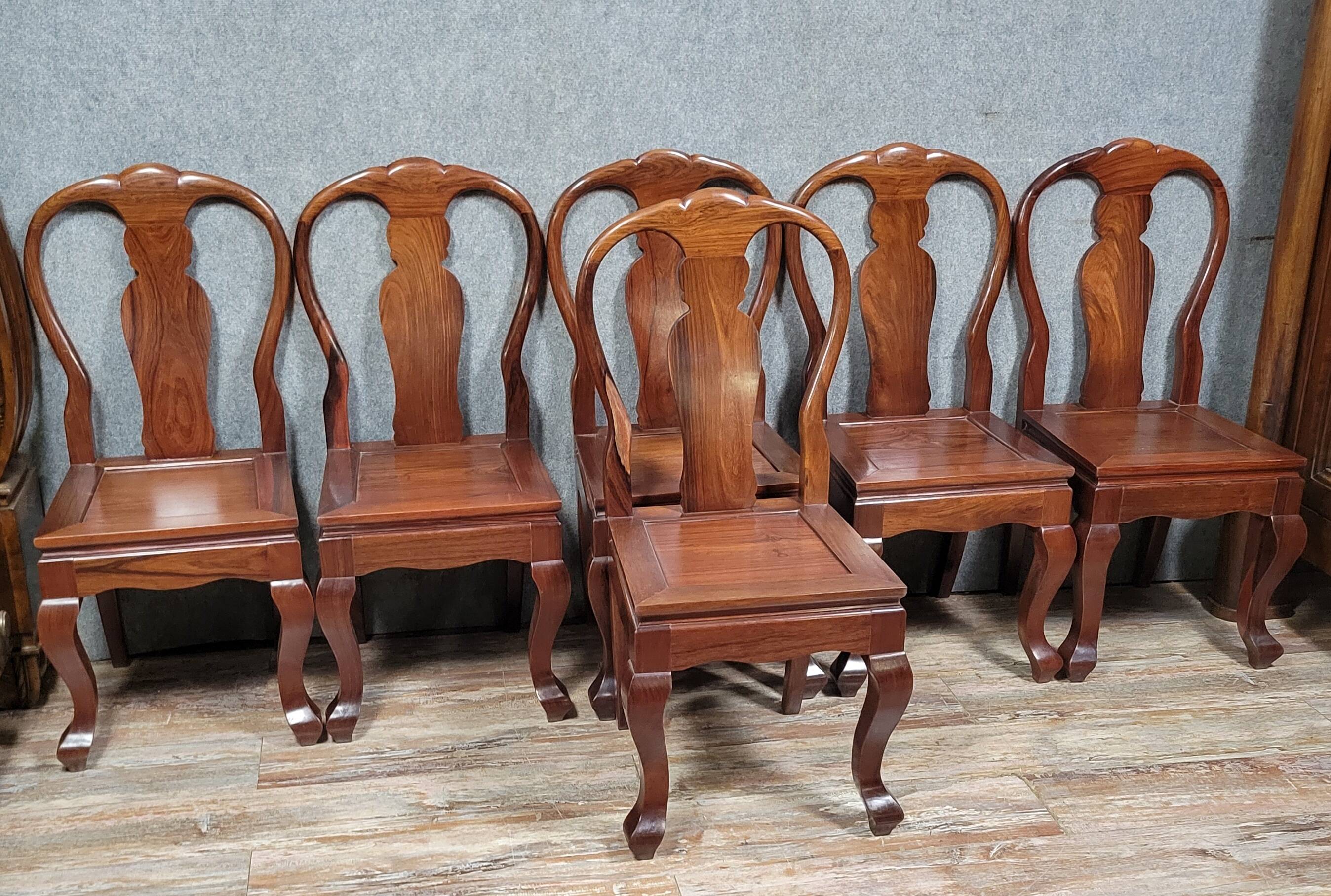 Asie XXeme : Série de 6 chaises en bois exotique