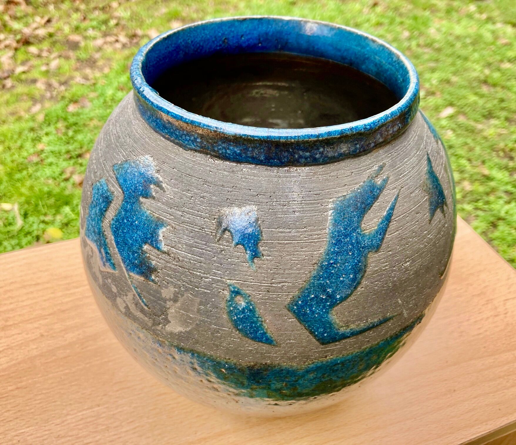 VASE PENSU , in enamelled ceramic, blue and gray abstract decoration - N° 10 - Vintage